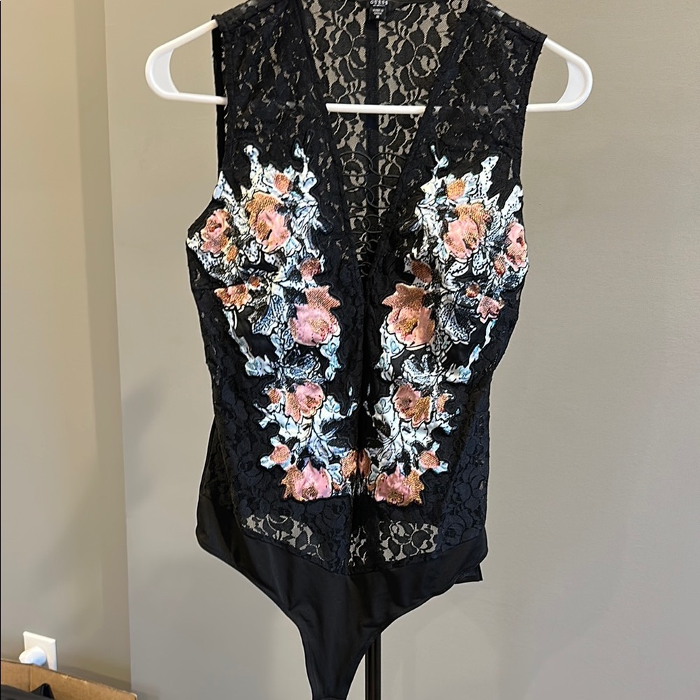 Guess Floral Lace Bodysuit - Black and Pink